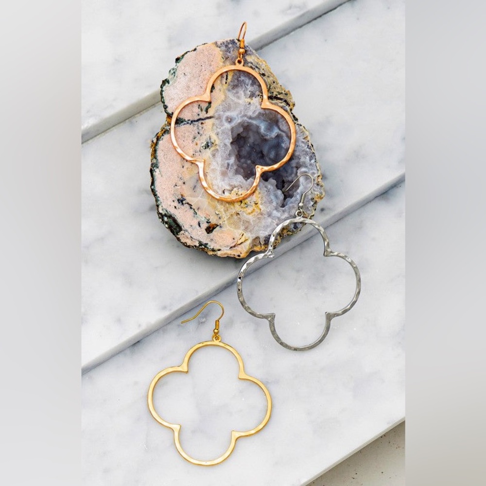 Large Gold Hammered Clover Hoop Earrings